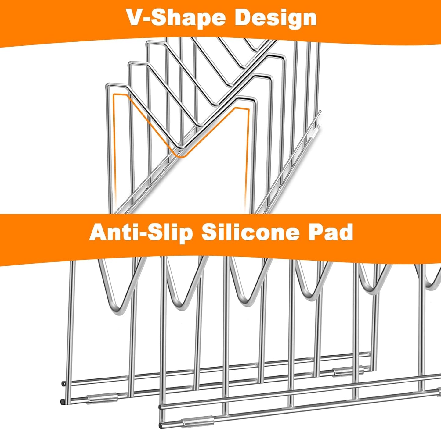 3 Pack Pot Lid Organizer for Cabinet, Stainless Steel Pot Lid Holder with Anti-slip Silicone Mat, Lid Rack for Pans Pots, Bakeware, Plates, Cookie Sheets, Trays, Cutting Boards, Silver