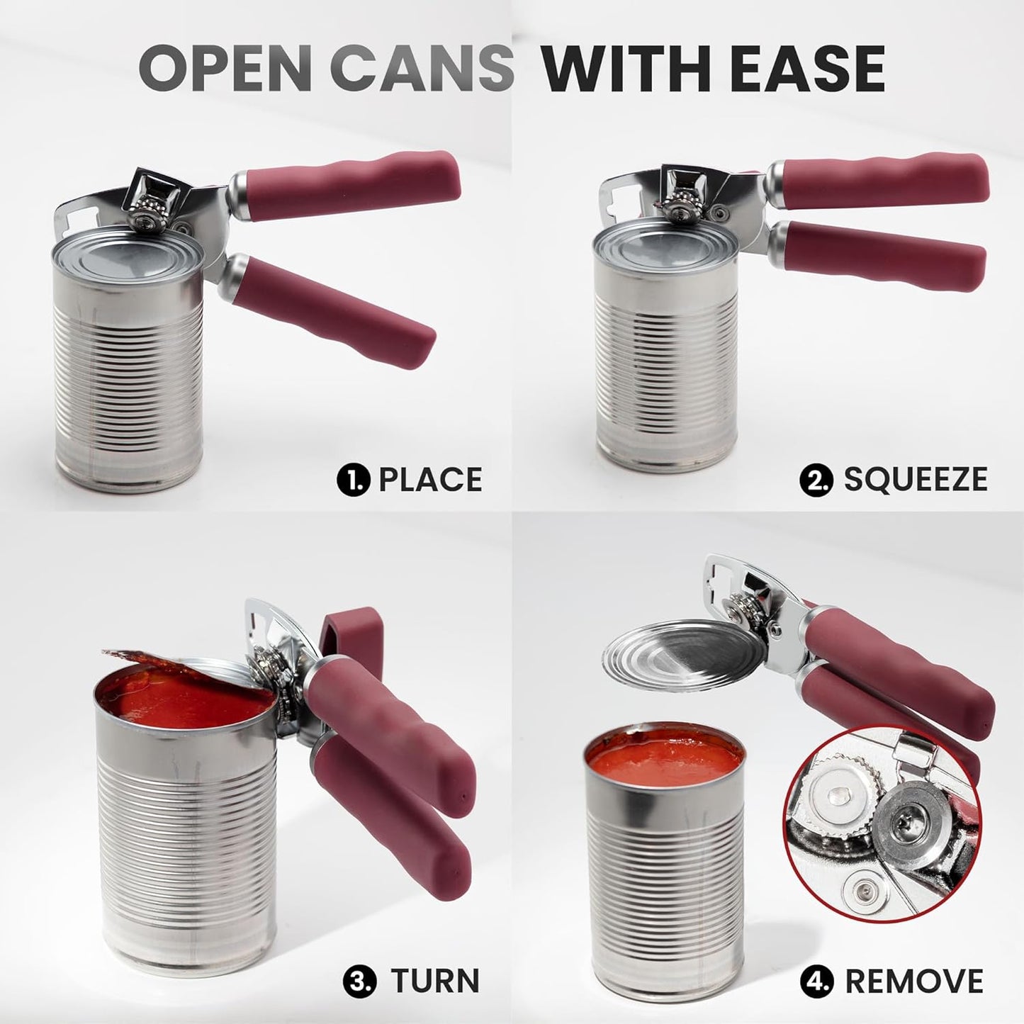 Zulay Kitchen Heavy Duty Stainless Steel Can Opener Manual with Bottle Opener - Rust Proof Manual Can Opener With Turn Knob & Comfy Soft Grip Handles - Deep Red