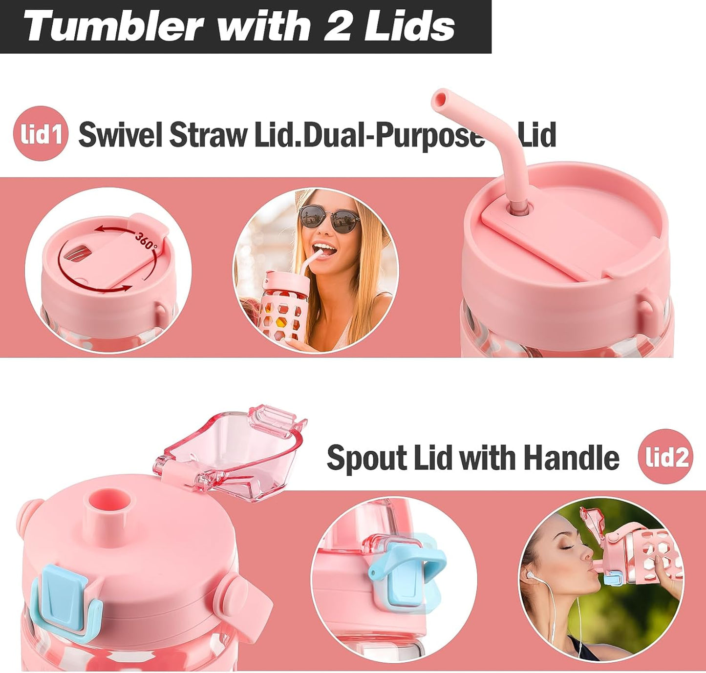 MUKOKO 32 oz Glass Tumbler with Straw,Glass Water Bottles with Time Marker,Iced Coffee Cup with 2 Lids-Handle Spout Lid&Straw Lid,Silicone Sleeve,Leakproof,1 Pack-Pink