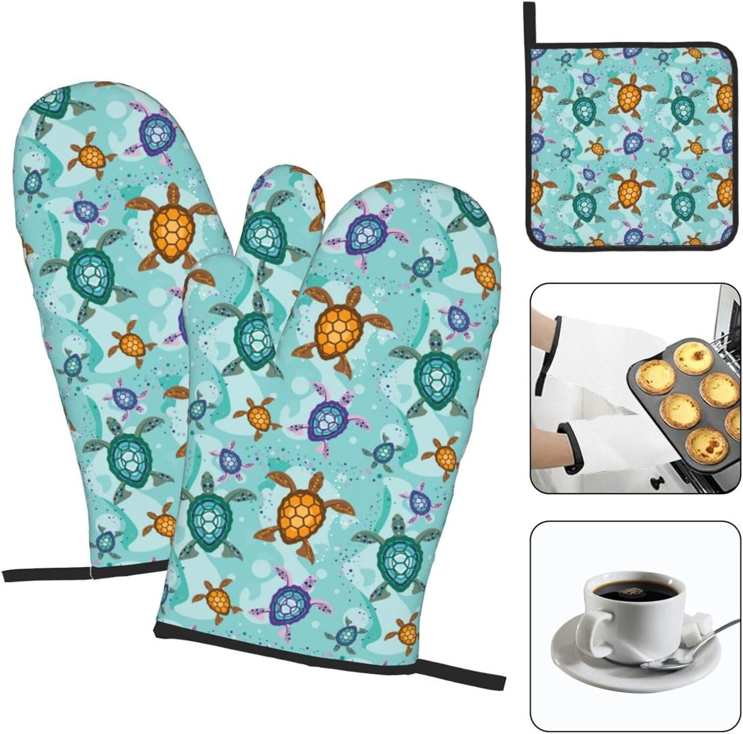 Cute Sea Turtle Beach Oven Mitts and Pot Holders Set Ocean Themed Decorative Heat Resistant Microwave Oven Gloves for BBQ Baking Grilling Cooks Kitchen Decor 3 Piece