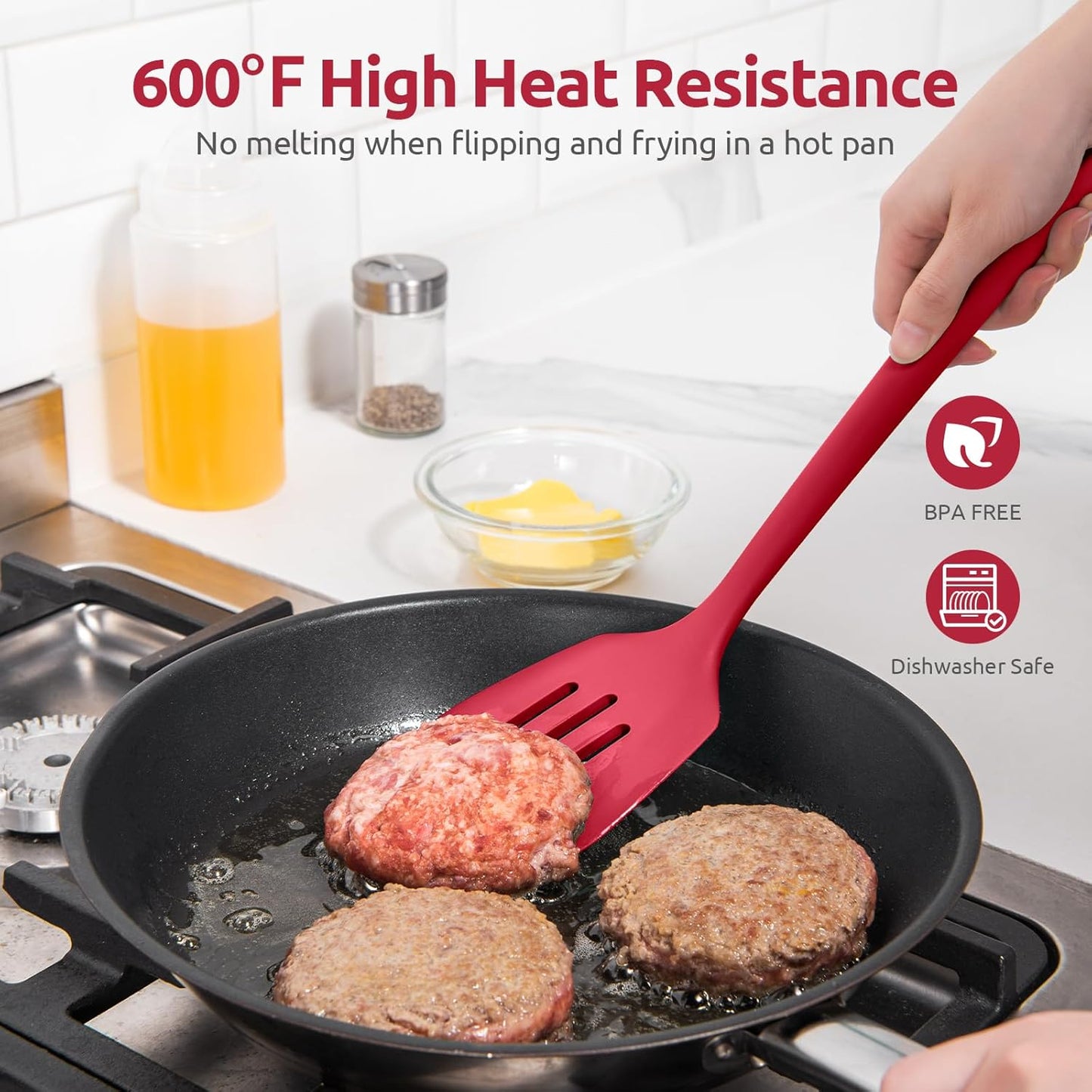 600ºF Heat Resistant Slotted Turner: U-Taste 13.6in Silicone Kitchen Spatula Flipper, 3.74in Wide Food Grade Flexible Thin Rubber Cooking Utensil for Egg, Pancake, Cookie in Nonstick Cookware (Red)