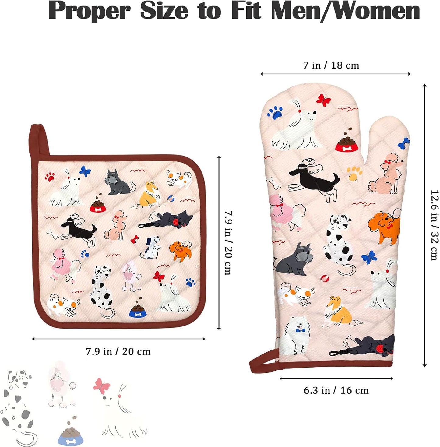 Dogs Oven Mitts and Pot Holders Sets 4Pcs, 100% Cotton Heat Resistant, Extra Long Oven Gloves Potholder for Kitchen Cooking Baking Decoration