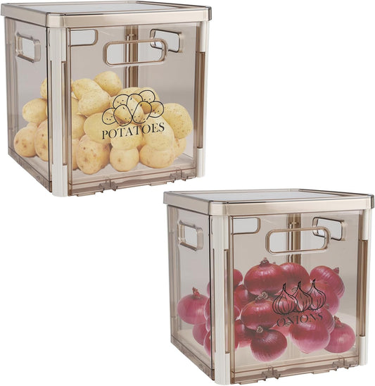 Potato and Onion Storage, Clear Plastic Potato Bin Onion Holder with Lid and Handle, Stackable Vegetable Bin for Pantry Organizers and Storage, BPA Free, Set of 2