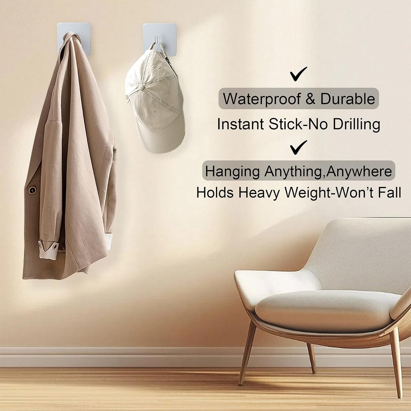 Aluminum Wall Hooks, No Drill Damage-Free Adhesive Hook, Product for Hanging Heavy Duty for Bathroom Kitchen Home (Single Square Sliver Hook, 4)