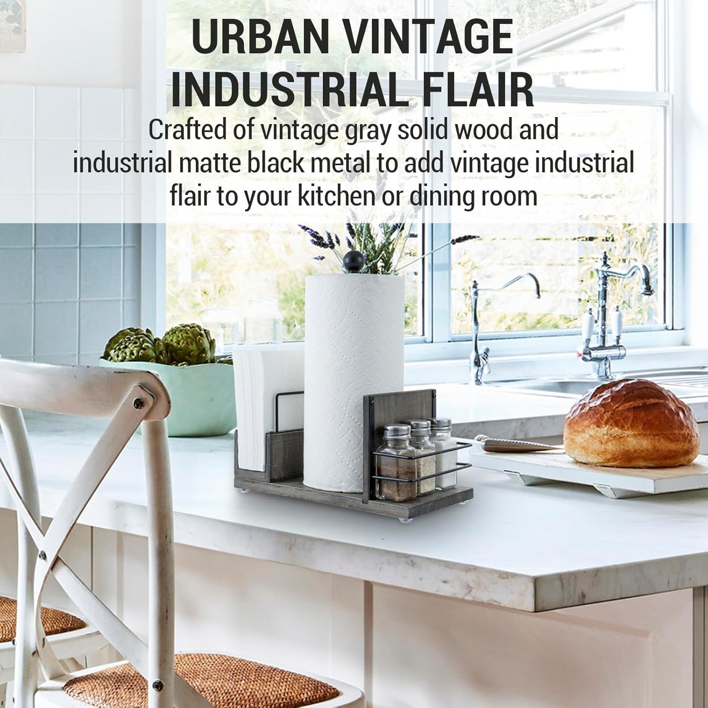 MyGift All-in-One Paper Towel Holder Kitchen Caddy, Vintage Gray Solid Wood and Industrial Matte Black Metal Dining Combo Rack with Paper Towel Dispenser, Napkin Holder, and Spice Rack