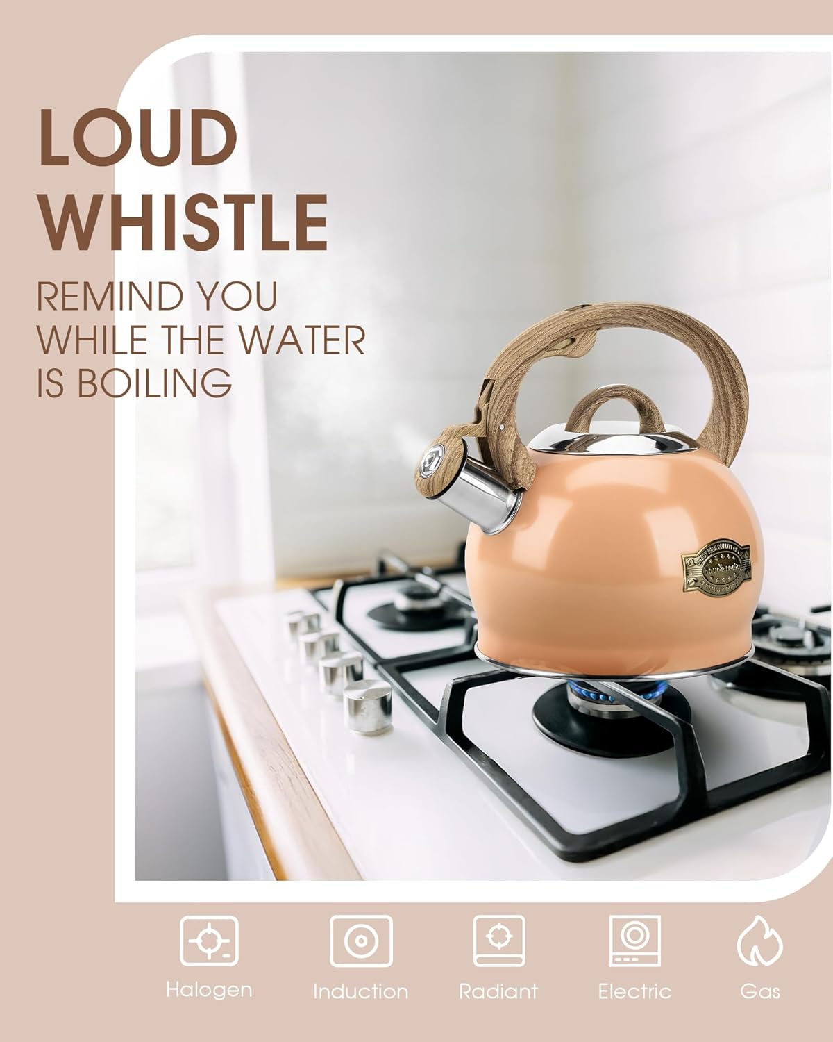 Tea Kettle Stovetop, 2.1 Quart Stove Top Whistling Tea Kettle, Teapot Kettles with Food Grade Stainless Steel and Wood Pattern Folding Handle, Suitable for All Heat Sources