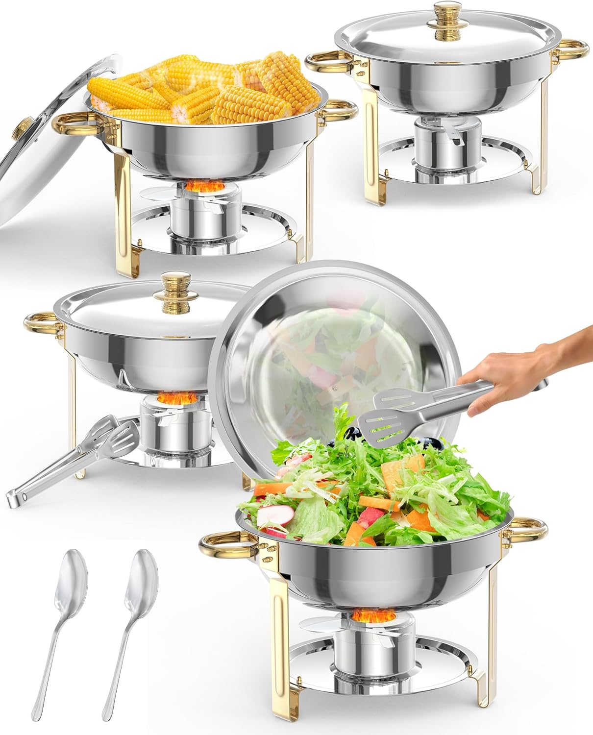 5QT 4 Packs Chafing Dish Buffet Set, NSF Round Stainless Steel Chafers and Warmers Food Servers Sets with Lid & Lid Holder, Spoon & Tweezer for Catering Events Parties Weddings Dinners, Gold