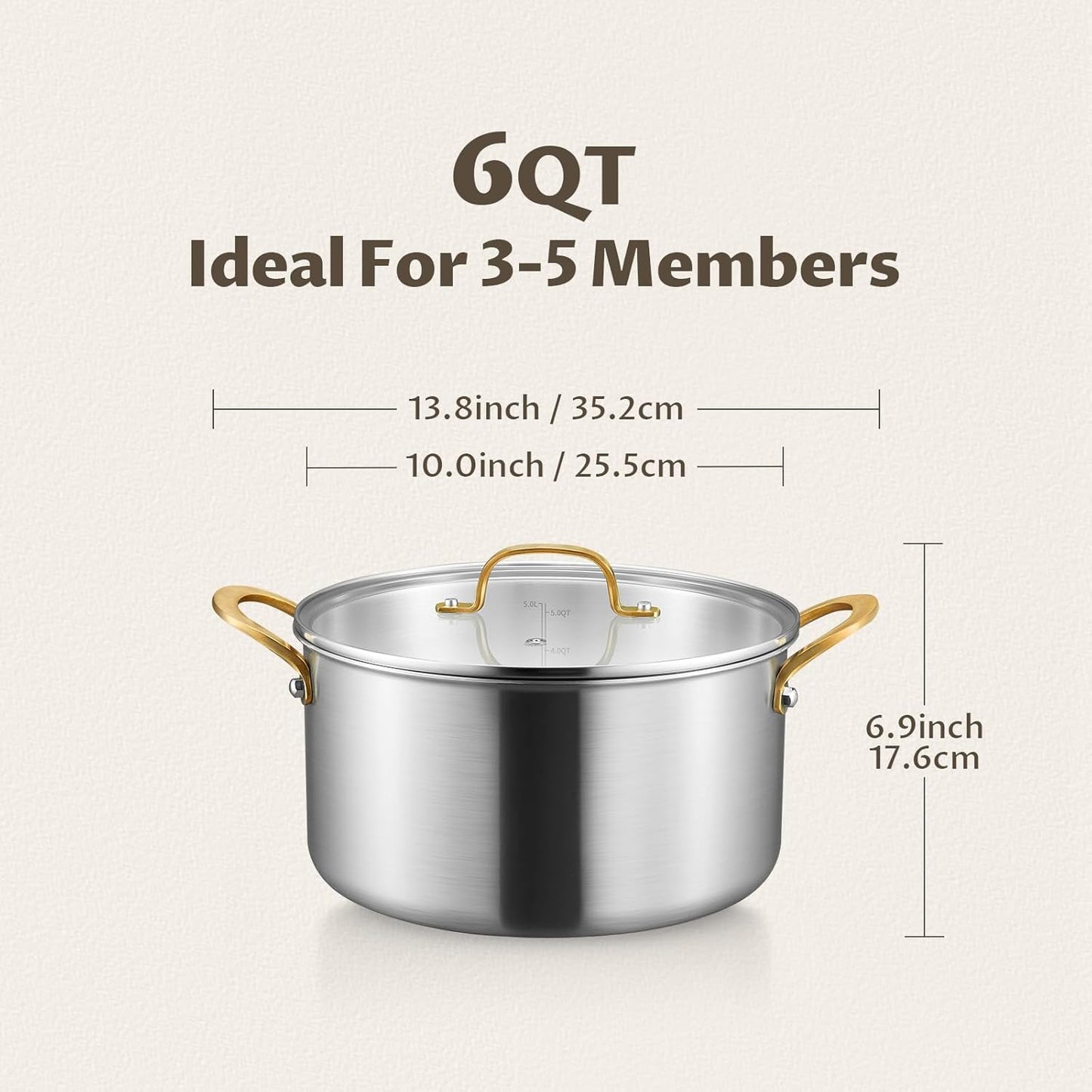 BEZIA 6 Quart Tri-Ply Stainless Steel Stockpot，Even Heat Distribution, Cooking Pot With Sturdy Handles, Oven-Safe Up to 500°F, Compatible with All Cooktops, Perfect for Soups & Stews, Silver