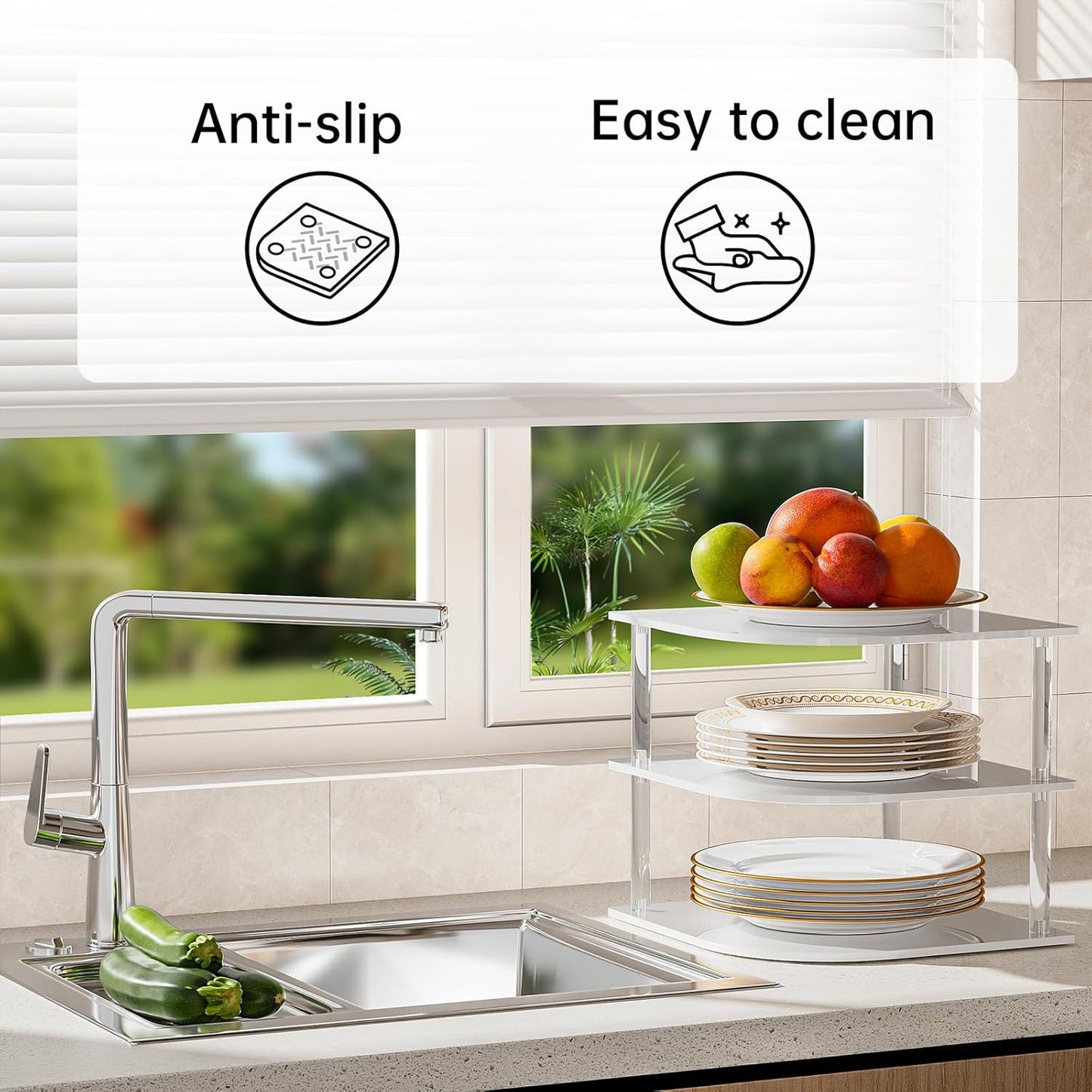 Plate Organizer for Cabinet Space Saver - Acrylic Corner Shelf for Dishes, Bowls, 3-Tier Kitchen Countertop Cabinet Organization, Dinner Plates Holder, and Small Shelf for Bathroom Storage - White