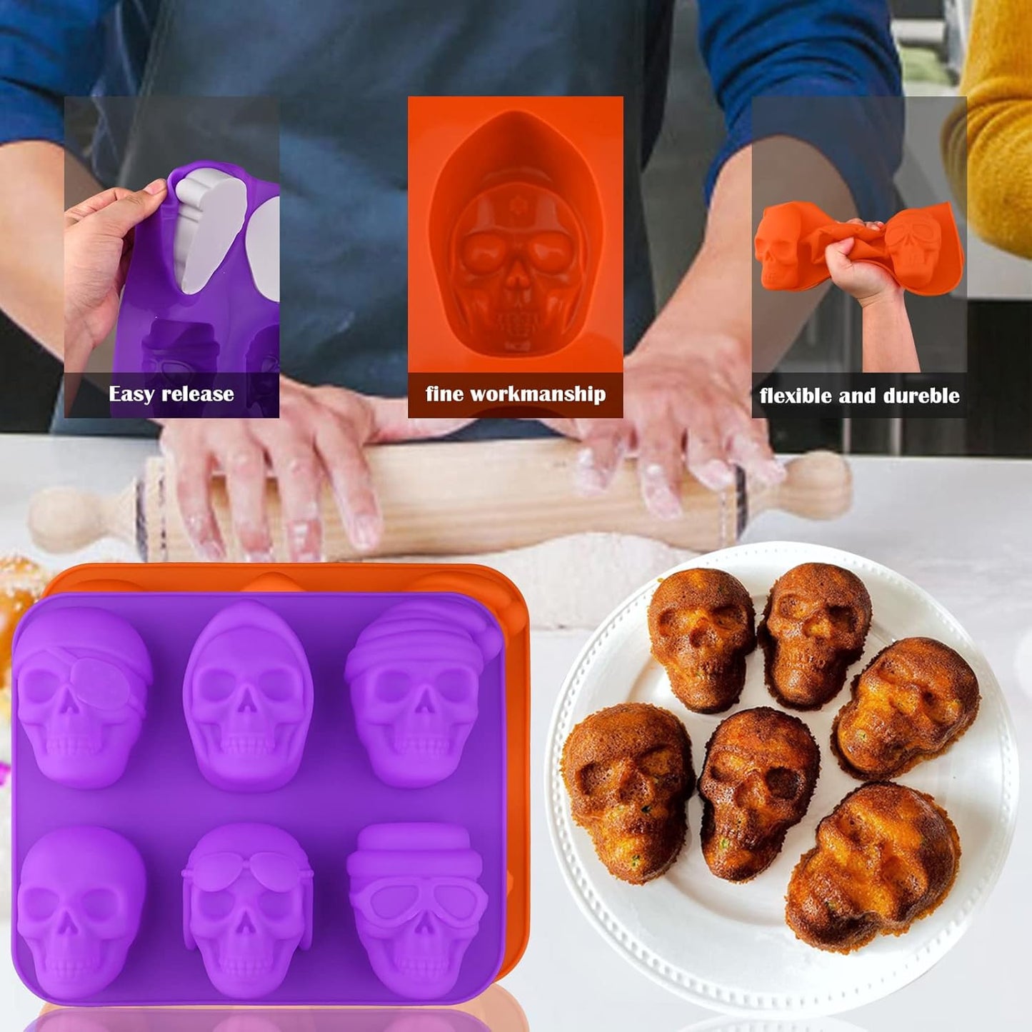 Sakolla Large Skull Cake Pan Silicone Mold, 2 Pack 6 Cavity Halloween Skull Cakelet Chocolate Molds Candy Pizza Baking Molds Handmade Soap Tray
