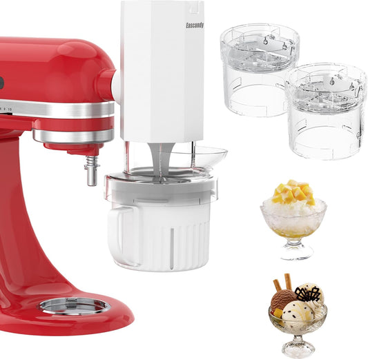 Shaved Ice Attachment and 1 Pack Ice Cream Maker Attachment Set Fit for KitchenAid Stand Mixer, BPA-Free, Compact Size Easy Store In The Freezer