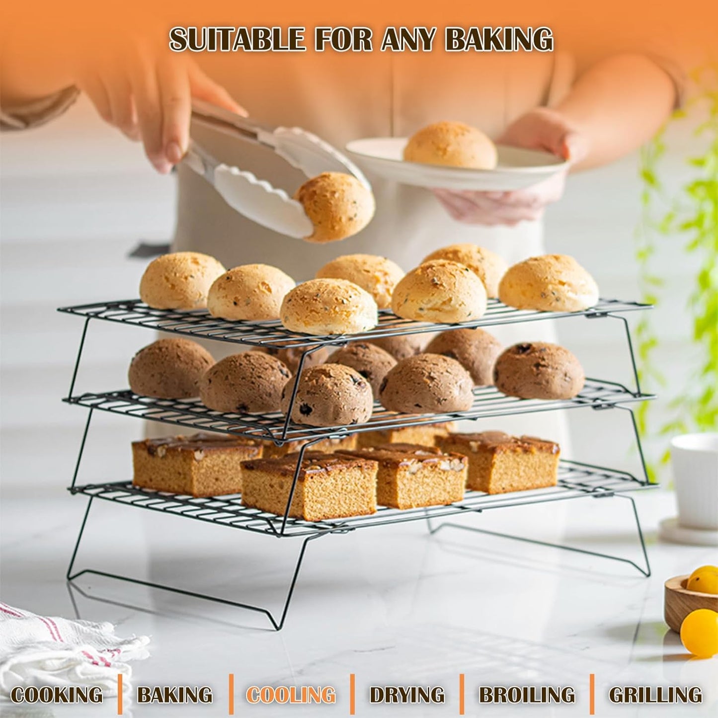 3-Tier Cooling Racks for Cooking and Baking - 13" x 9.6" Stackable Heavy Duty Stainless Steel Wire Rack for Baking, Grilling, Roasting - Oven & Dishwasher Safe - Black