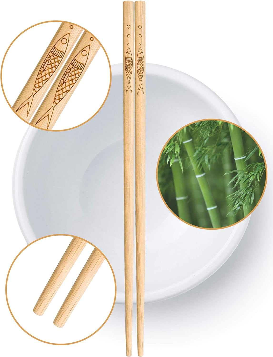 5 pairs of bamboo chopsticks can be reused, classic healthy high-quality natural bamboo chopsticks, can be washed in the dishwasher, 9.8 inches / 25 cm, (pattern: more than every year)