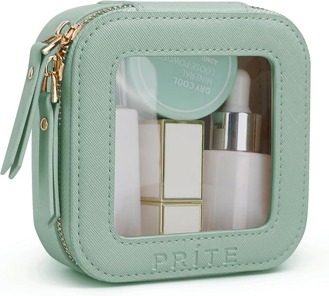 Prite Small Makeup Bag for Women Portable Clear Makeup Bag Cute Mini Waterproof Travel Cosmetic Bag with Gold Zipper for Car Essentials(Green)