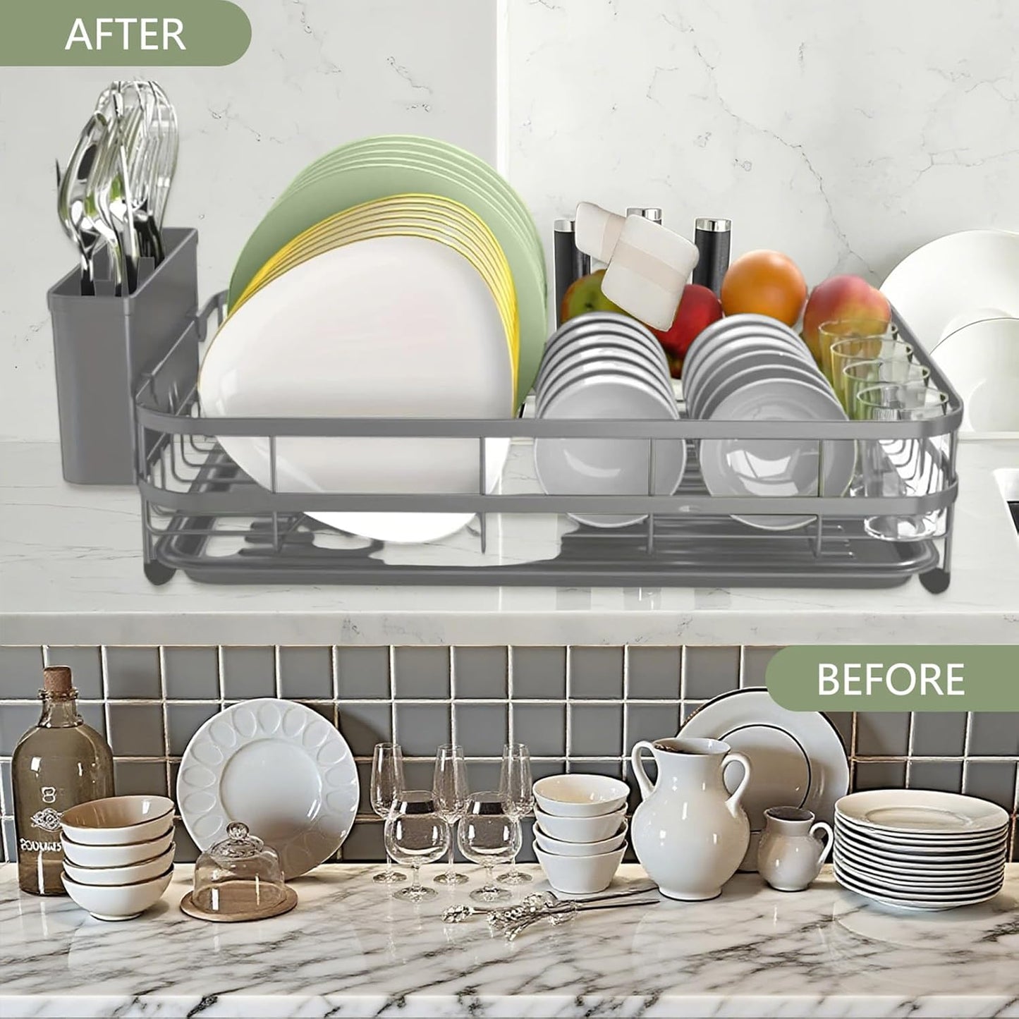 Dish Drying Rack Stainless Steel Drying Racks for Kitchen Counter Large Capacity Storage Racks with Drainboard Curlery Holder Gray