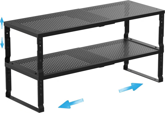 Expandable Spice Rack Kitchen Cabinet Shelf Organizer, Stackable Storage Shelves Racks, Adjustable Counter Shelving for Cabinets, Countertop, Cupboard,Pantry and More(2Packs/Black/Large)