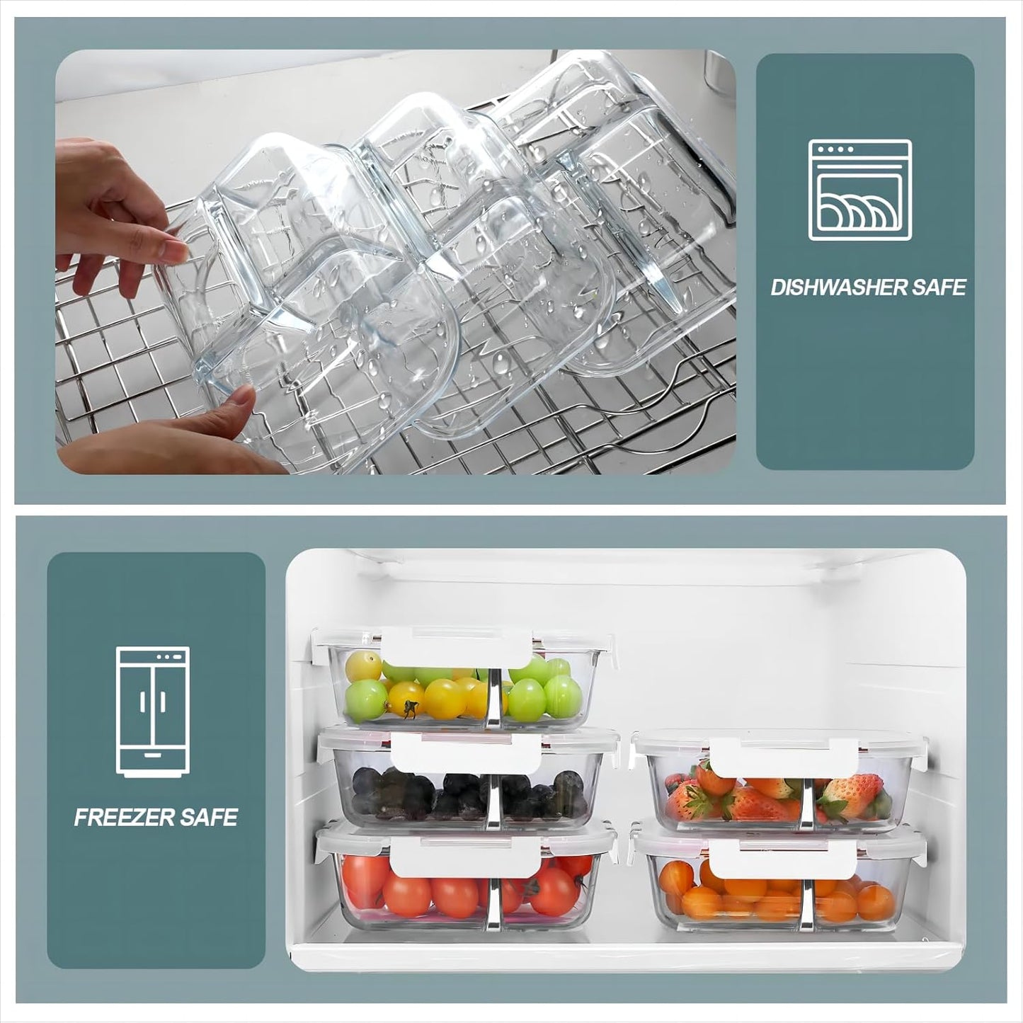 KOMUEE Glass Meal Prep Containers 3 Compartments, 5 Pack 36 oz, Glass Food Storage Containers with Lids, Airtight Lunch Bento Box, Portion Control, Freezer and Microwave Safe, White