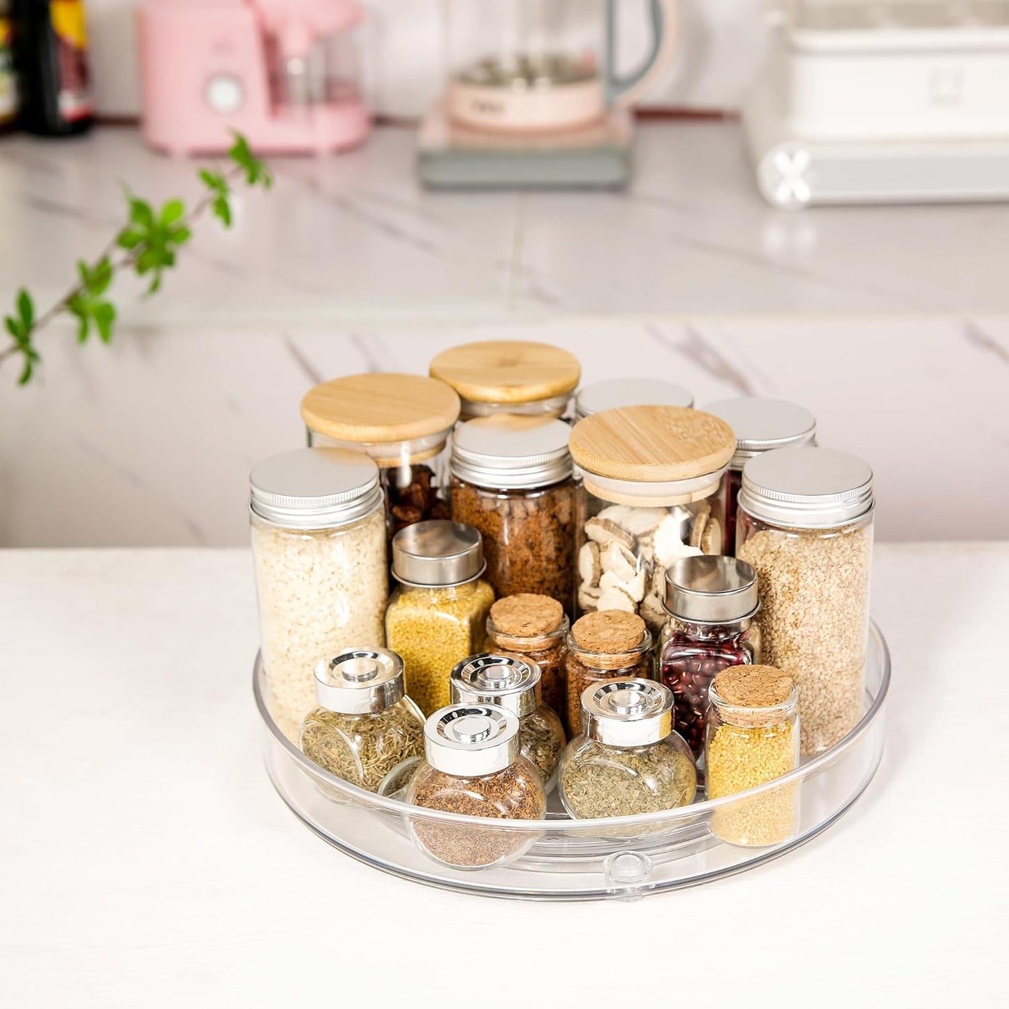 2 Pack Lazy Susan 9.25" Inch Turntable Organizer Pantry Organization and Storage Container Bins Spice Rack Cabinet Rotating Condiment for Pantry Kitchen Vanity Bathroom Jewelry Holder Clear