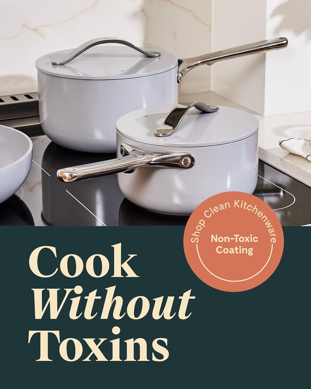 Caraway Nonstick Ceramic Sauce Pans with Lids (3 qt & 1.75 qt) - Non Toxic, PTFE & PFOA Free - Oven Safe & Compatible with All Stovetops (Gas, Electric & Induction) - Cream