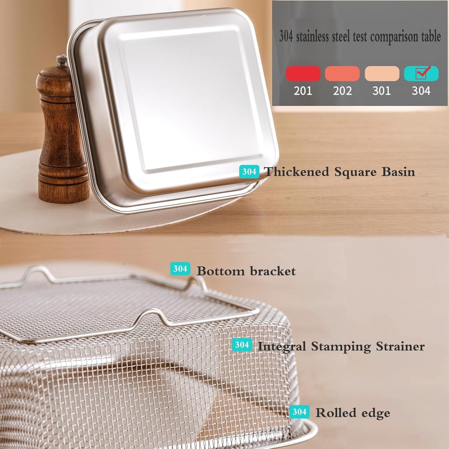 Square Colander Set, 304 stainless steel, with PE lid, deli containers, back of the kitchen preparation, washing and draining tools, refrigerator storage, frying oil filter (2500ML)