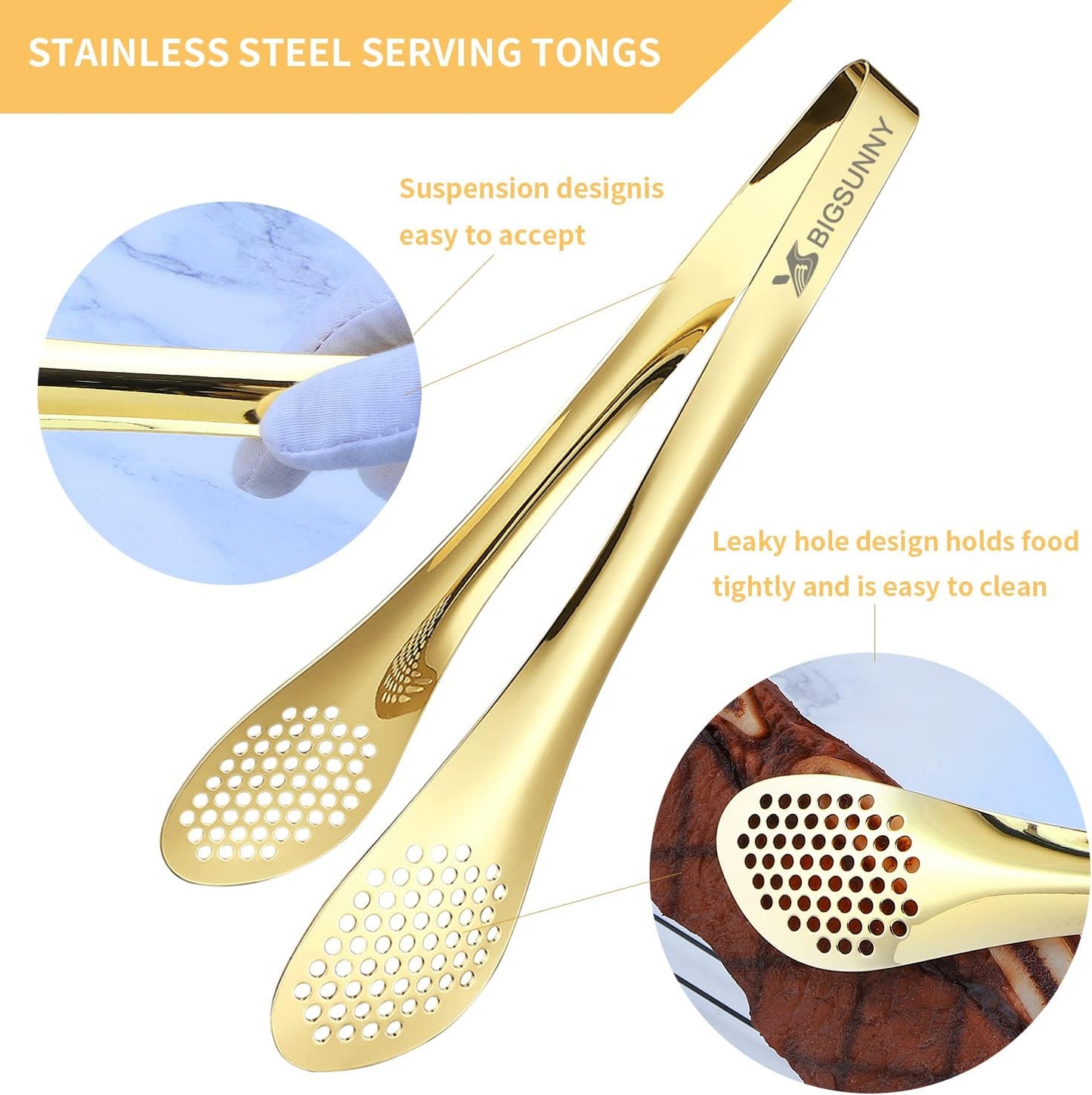 MSY BIGSUNNY Chef Kitchen Tongs Stainless Steel Food Serving Tongs Set of 3 (Golden 7" 9" & 11")