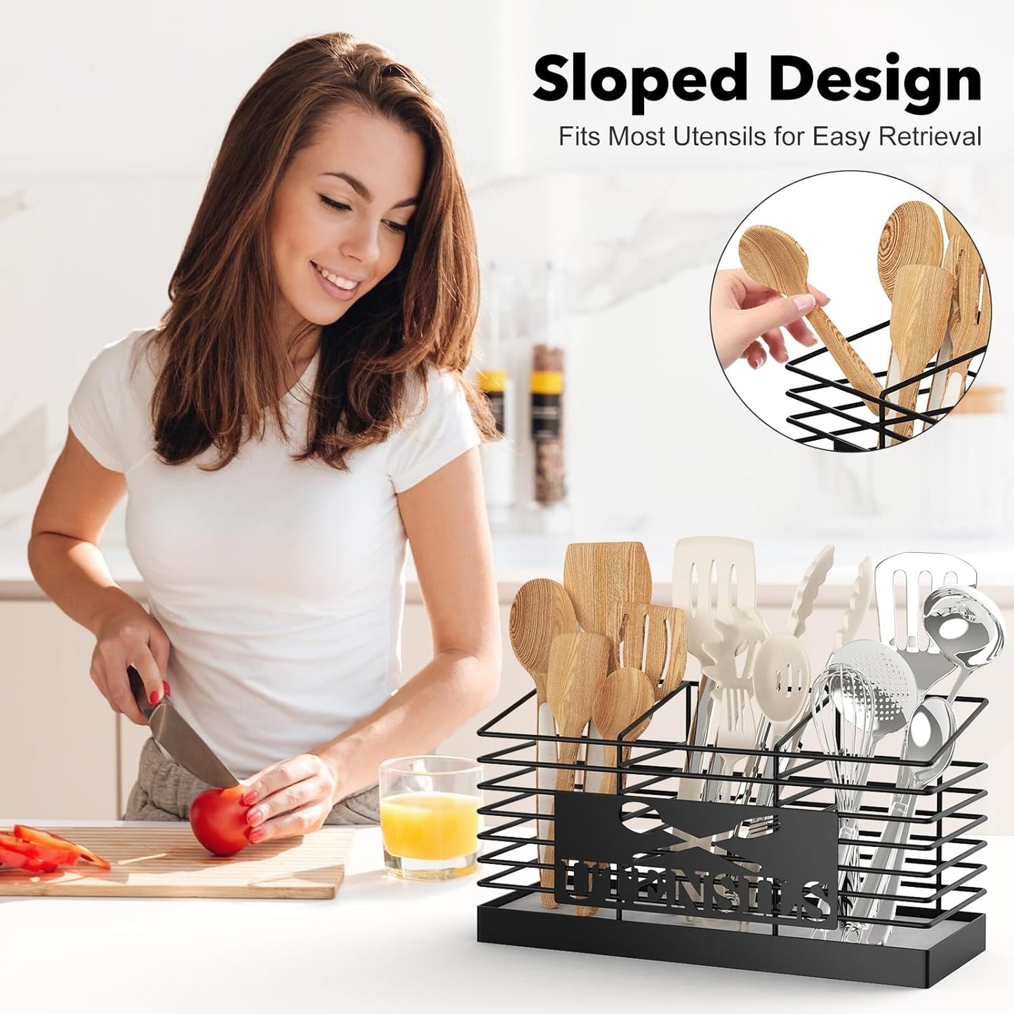 Utensil Holder for Kitchen Counter with Fast-Drying Diatomaceous Earth Base, Large Utensil Organizer with 3 Compartments, Black Metal Cooking Tools Storage