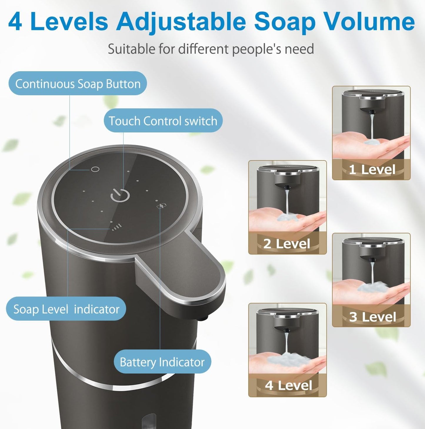 Automatic Liquid Soap Dispenser,4-Level Adjustable, Wall Mount,USB Rechargeable,12.8oz/ 380ml,Touchless Hand & Dish Soap Dispenser for Bathroom, Kitchen,Hotel, Restaurant