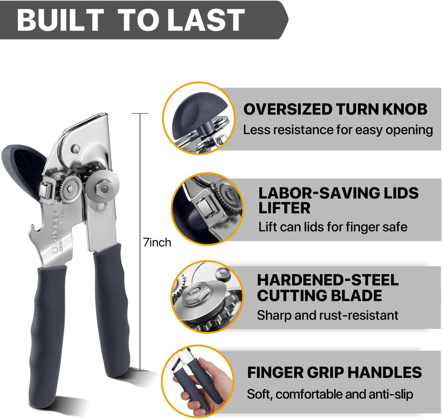 Can Opener Manual Heavy Duty, UHIYEE Hand Held Can Openers for Seniors with Comfort Grip Sharp Blade, Solid Steel Hand Manual Can Open with Magnet for Kitchen Camping, Gray