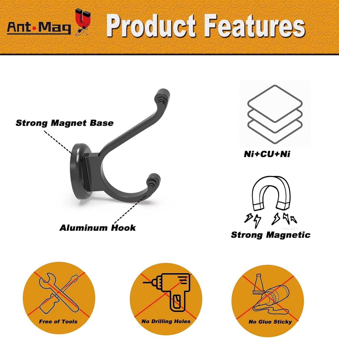 Ant Mag Magnetic Hooks Heavy Duty 140lbs Neodymium Magnet Wall Hooks for Hanging Coats Robes Backpacks Bags Hats Keys Mugs Cups Towels Pack of 4