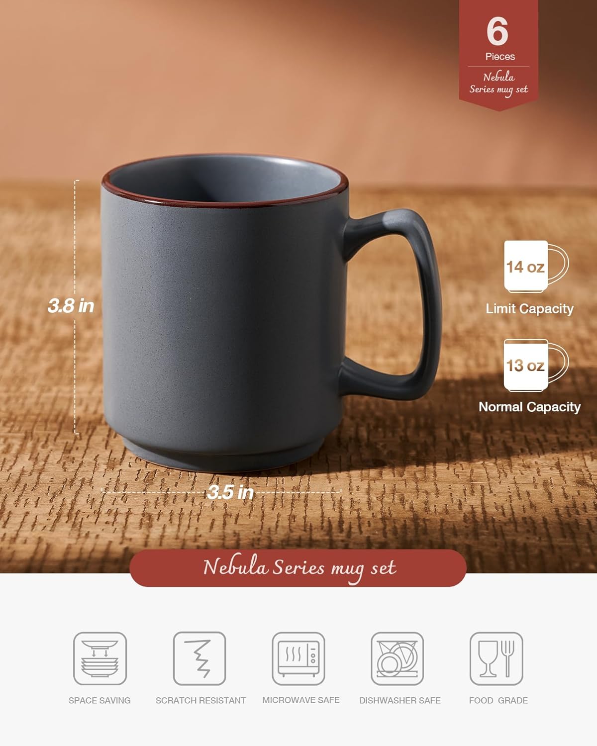 famiware Coffee Mugs Set of 6, Nebula 14oz Coffee Mugs, Ceramic Cup Set with Handle for Latte, Tea, Milk, Cappuccino, Cocoa, Charcoal