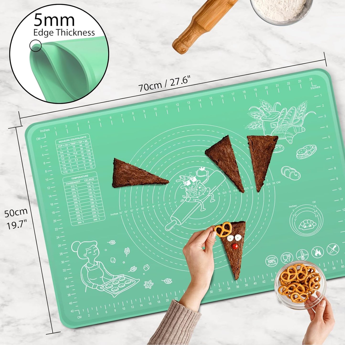 Silicone Pastry Mat 28" x 20" Extra Thick Non Stick Baking Mat with Measurements and Edge Heightening, Food Grade Silicone Rolling Mat for Pastry, Bread, Cookies, Pizza, Fondant, Pasta - Green