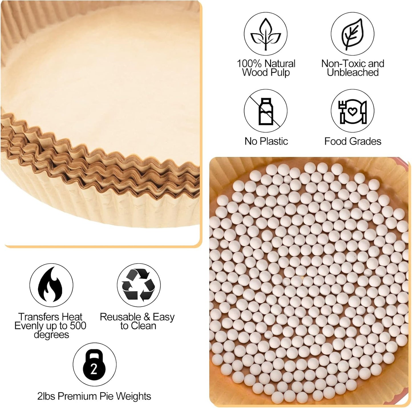 2 Pack White 2 lb Pie Weights for Baking Crust Ceramic Weights Blind Baking Beads with 50 Pcs Disposable Parchment Paper Pie Liner Fit 8,9,10 Inch Dish