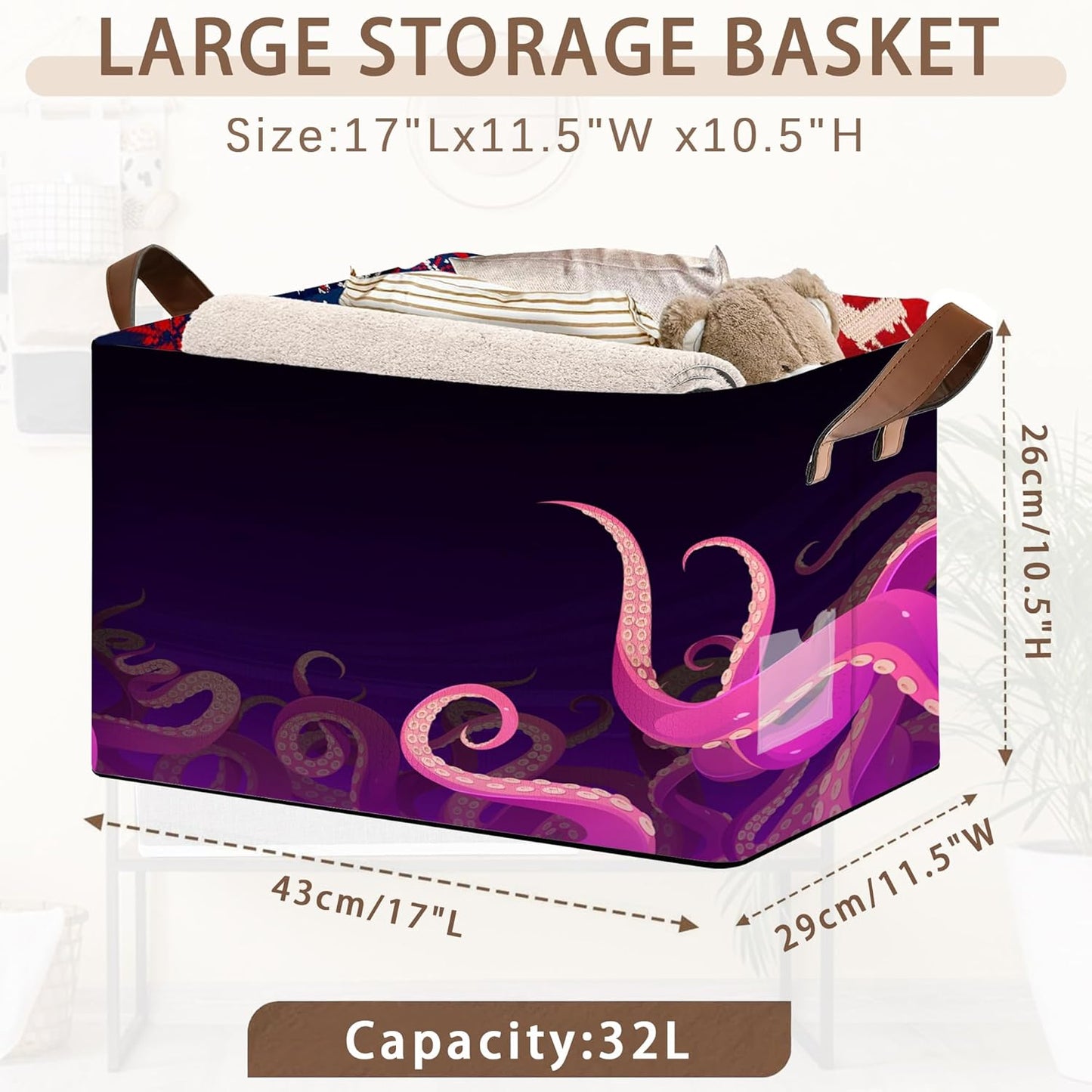 Ocean Life Storage Basket Large 17x11.5x10.5 Inche-Collapsible Fabric Organizer Bin with Handles for Beach House, Kids Room, Marine Theme-Decorative Hamper with Sea Creature Tentacle-Single Pack