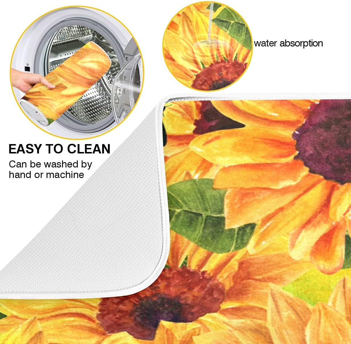 Super Absorbent Dish Drying Mat, Microfiber Fast-Drying Dish Mat, 16" x 18", Kitchen Dish Drying Pad, Sunflowers And Green Blue Butterflies