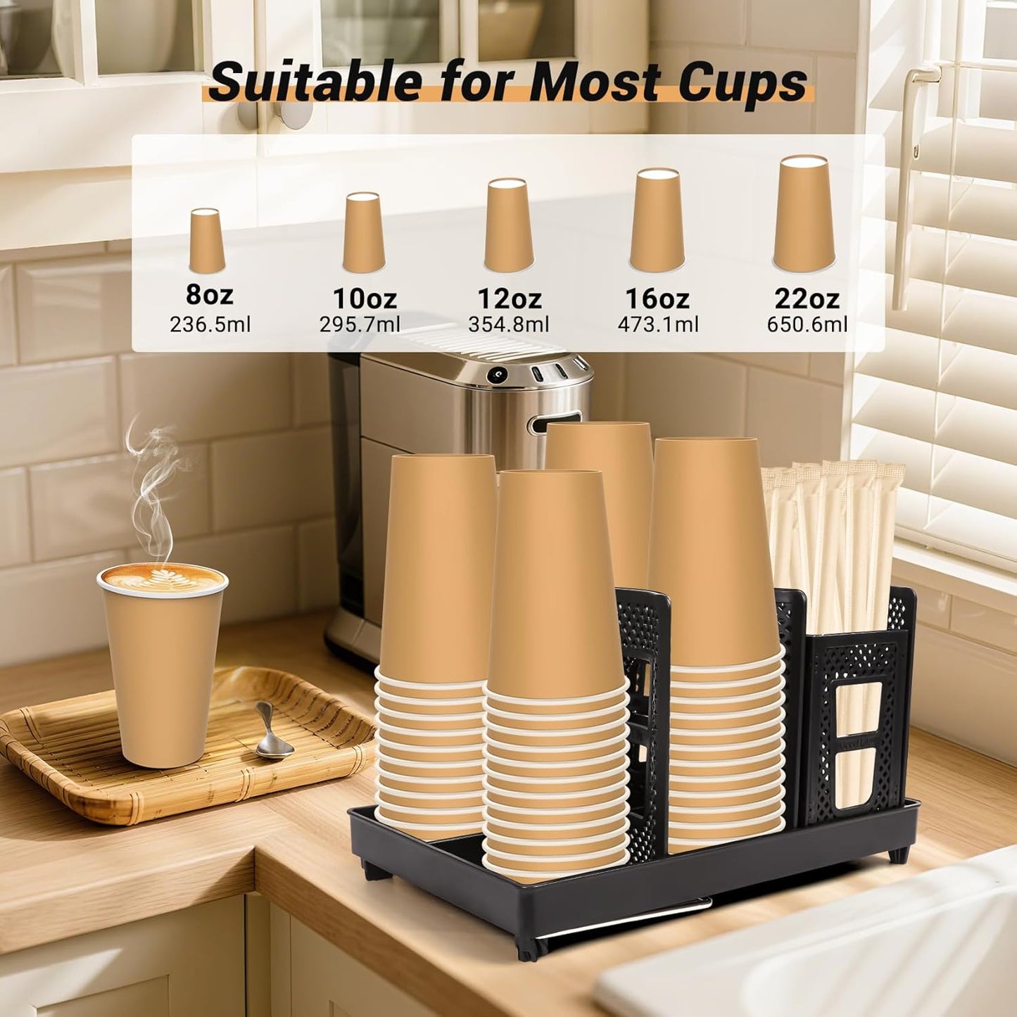 6 Slots Coffee Cup Holder for Countertop - Disposable Cup Holder with Foldable Stand, Paper Cup Dispenser with Mesh Baske for Coffee Station, Bar, Office, Home, Restaurant, Black
