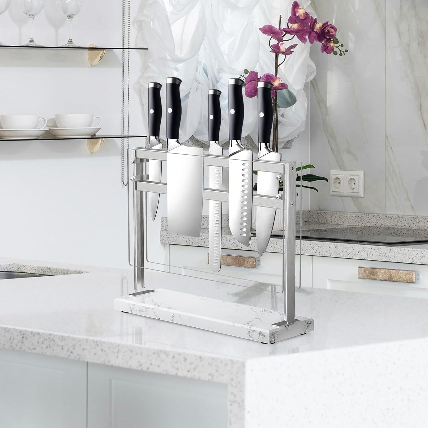 YIIYIIN Magnetic Knife Block with Acrylic Shield - Marble Based Double Side Magnetic Knife Stand - Kitchen Magnetic Knife Holder - Knife Storage - Knife Holders for Counter Top - White