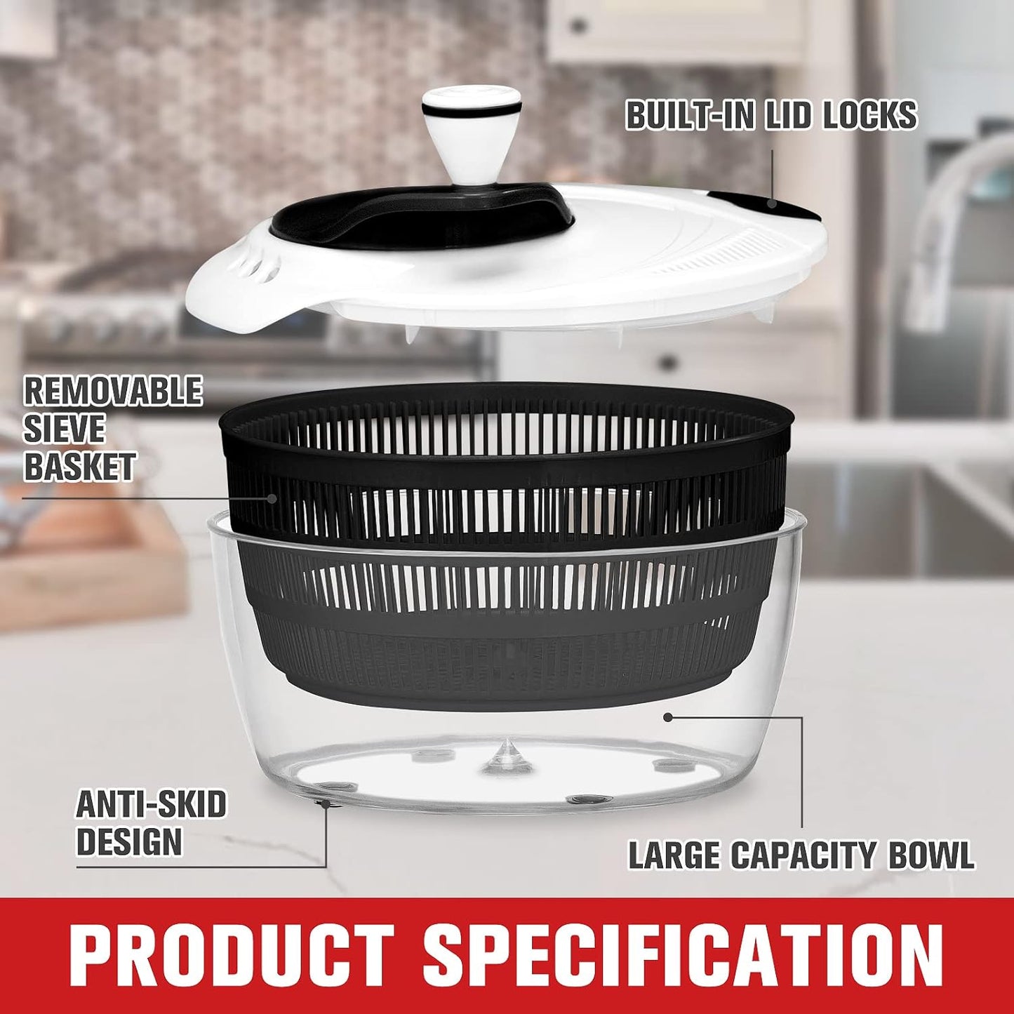 Smile mom Salad Spinner Large Lettuce Spinner Kitchen Gadgets, Large Salad Spinner Vegetable Washer, High Efficiency for Home Kitchen Washing & Drying Leafy Vegetables With Rotary Handle 4.2Qt Black