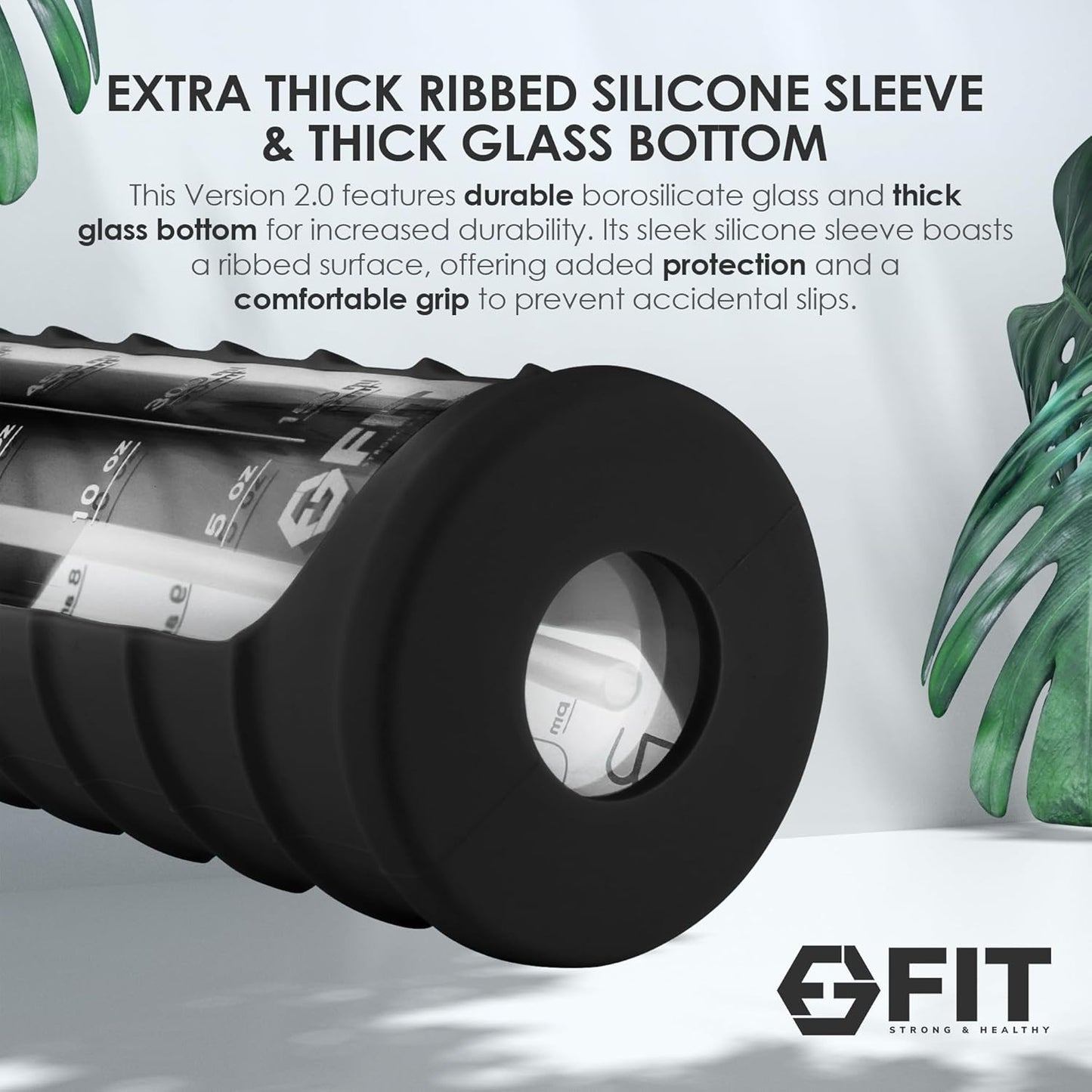 FIT Strong & Healthy 32 oz Glass Water Bottle with Straw Lid, Time Marker, Sleeve & Extra Lid - Motivational, Wide Mouth 1 Liter Glass Drinking Bottle