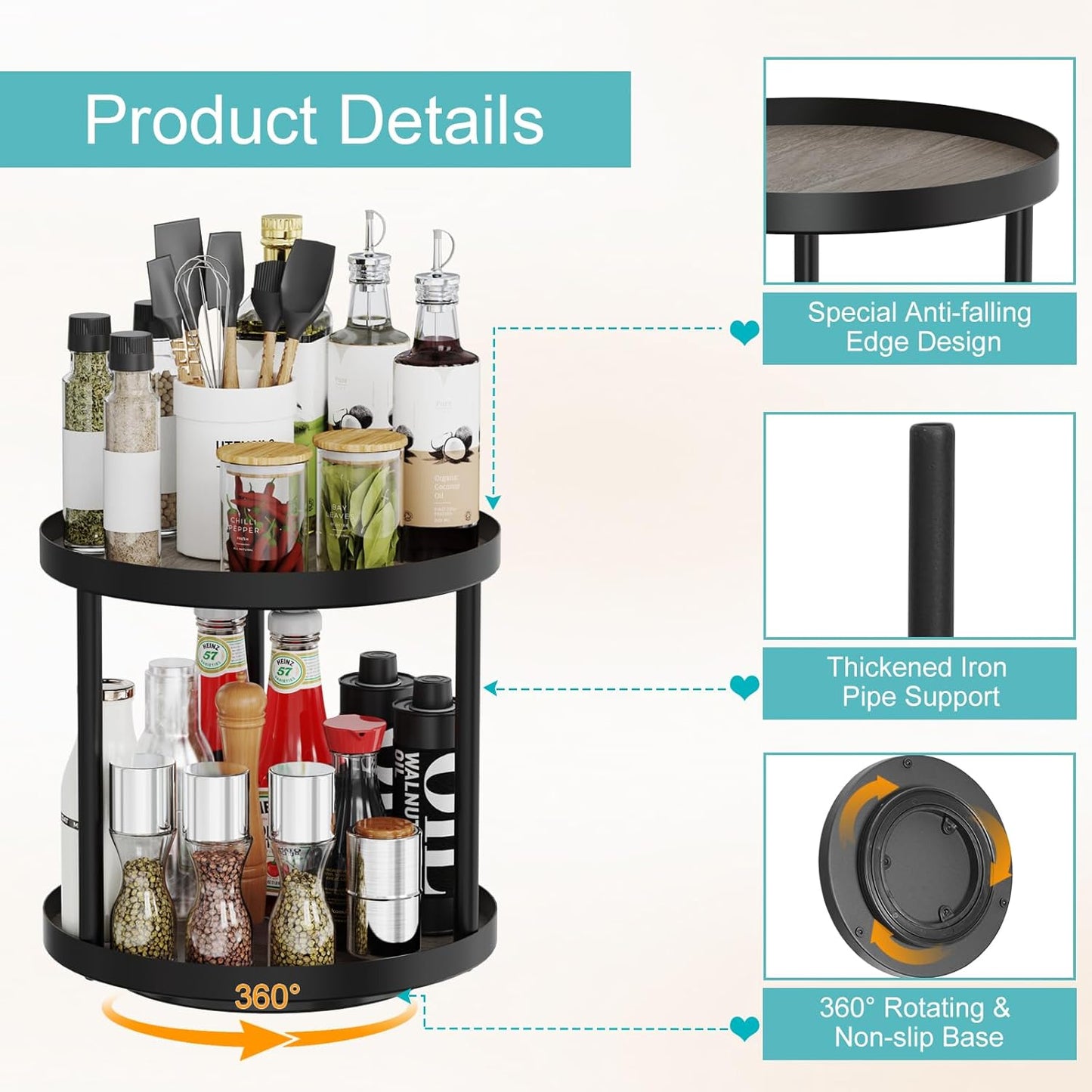 Giikin 2 Tier Lazy Susan Organizer, Two Tier Lazy Susan Turntable for Kitchen Countertop Spice Rack Organizer (Grey, 9.8" x 9.8" x 8.8")