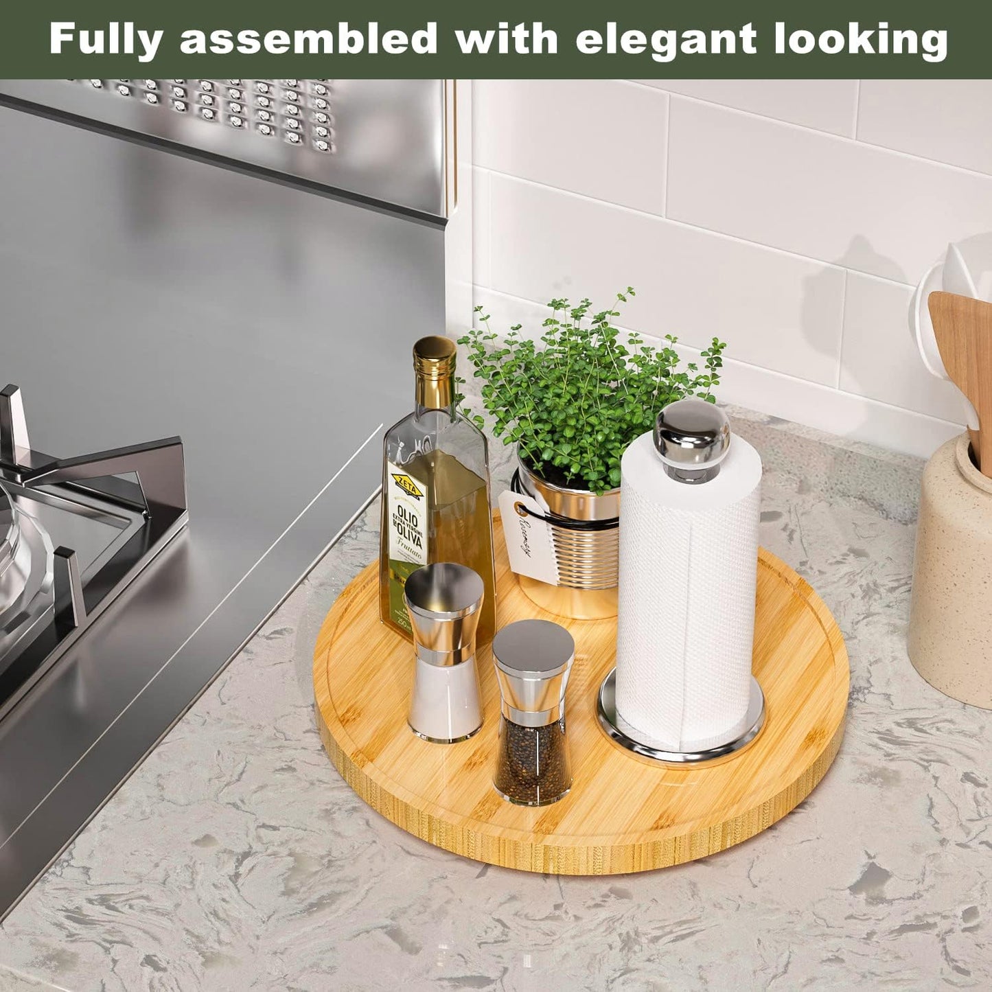 Lazy Susan for Table, 12 Inch Non-Skid Bamboo Turntable Organizer for Salt Pepper Spices and Olive Oil Next to Stove, Wooden Lazy Susan Organizer for Kitchen Countertop Organizer