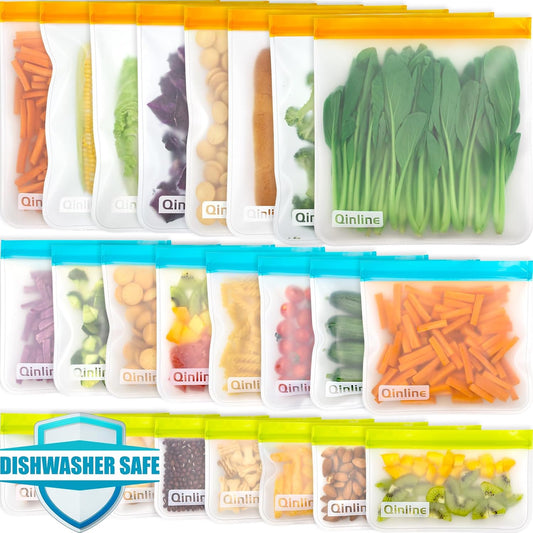 Reusable Food Storage Bags - 24 Pack Freezer Extra Thick Leakproof Lunch Bag - 8 Gallon 8 Sandwich 8 Snack Bags