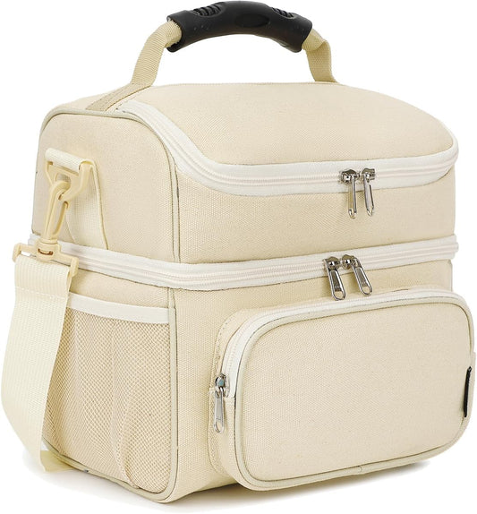 FlowFly Double Layer Cooler Insulated Lunch Bag Adult Lunch Box Large Tote Bag for Men, Women, With Adjustable Strap,Front Pocket and Dual Large Mesh Side Pockets