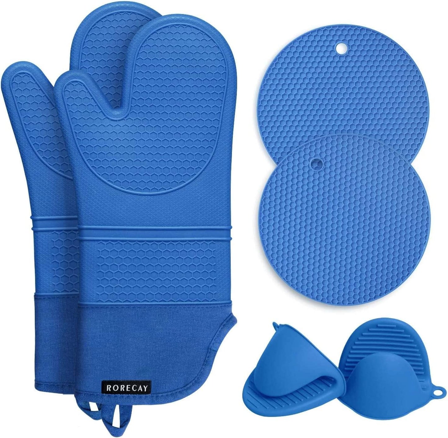 Rorecay 6pcs Oven Mitts and Pot Holders Sets for Kitchen, Extra Long Non-Slip Silicone Oven Gloves Heat Resistant 500 Degrees Potholders Hot Pads for Baking Cooking, Quilted Liner, Lake Blue