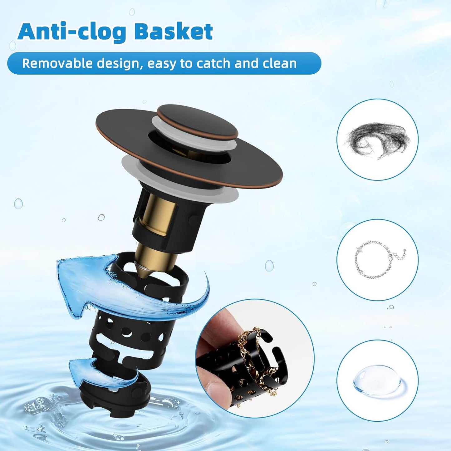 Universal Bathroom Sink Stopper Hair Catcher Upgraded with 2-Layer Detachable Filter Basket, 2PCS 4 in 1 Pop Up Drain Strainer, Anti-Clog, Odor-Block, Fit for 1.1''~2.36'' Sinks, Oil Rubbed Bronze