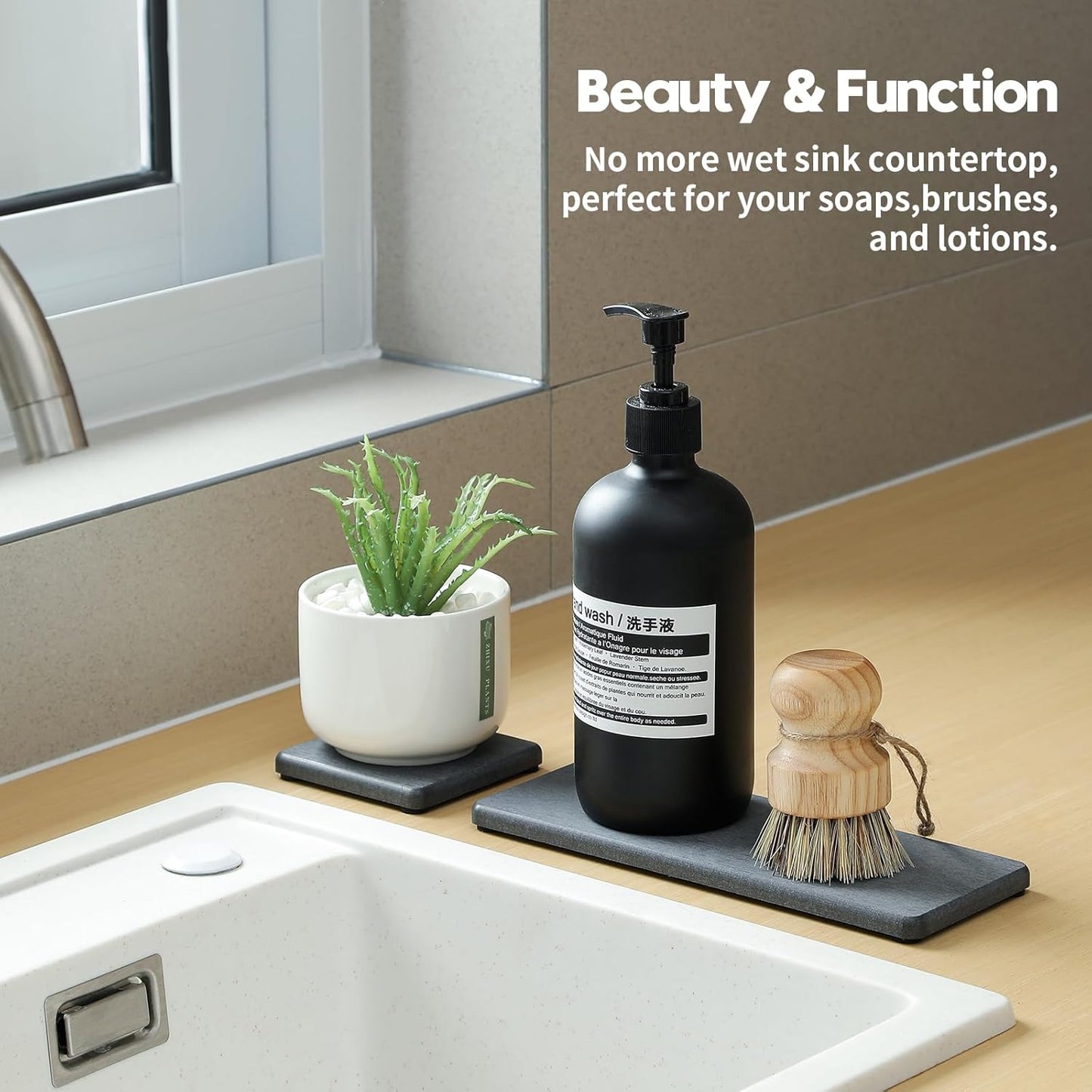 3PCS Water Absorbing Soap Dish Sponge Holder, Diatomite Stone Drying Tray Mat Sink Caddy for Kitchen Counter & Bathroom, Small Stone Bath Mat Faucet Accessories Organizer Protector,Dark Gray,9"x 3.5"