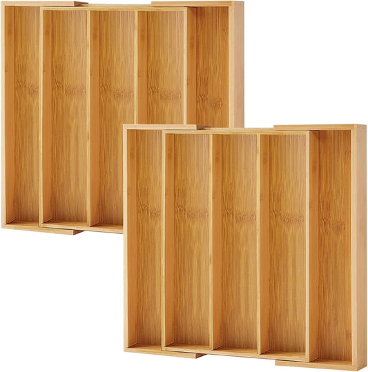 Purawood Kitchen Drawer Organizer, 2 Pack - Expandable Utensil Drawer Organizer for Kitchen, Cutlery Tray & Silverware Organizer, 3-5 Slots - Bamboo Organizer for Utensils & Flatware (Natural)