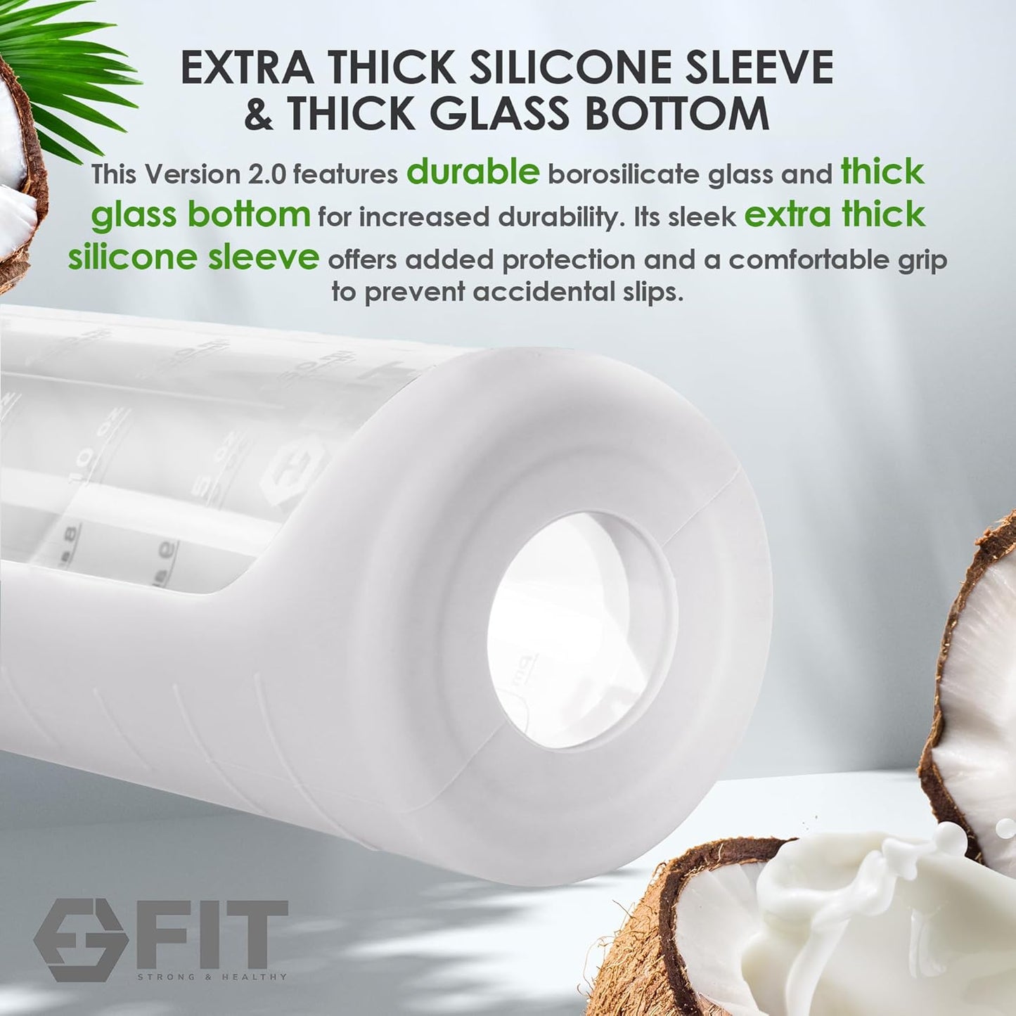 FIT Strong & Healthy 32 oz Glass Water Bottle with Straw Lid, Time Marker, Sleeve & Extra Lid - Motivational, Wide Mouth 1 Liter Glass Drinking Bottle