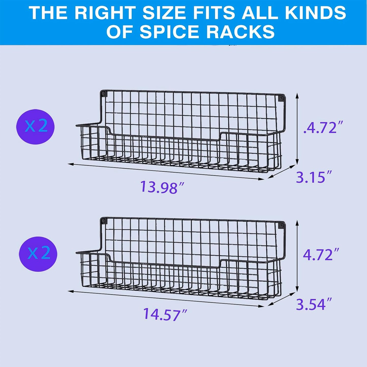 Spice Rack Wall Mount, Spice Organizer for Cabinet & Pantry Door, Set of 4 Hanging Spice Rack Saving Space for Kitchen, Black