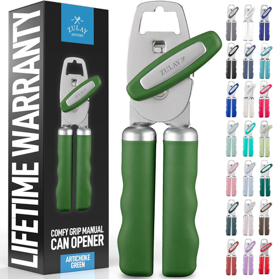 Zulay Kitchen Heavy Duty Stainless Steel Can Opener Manual with Bottle Opener - Rust Proof Manual Can Opener With Turn Knob & Comfy Soft Grip Handles - Artichoke Green