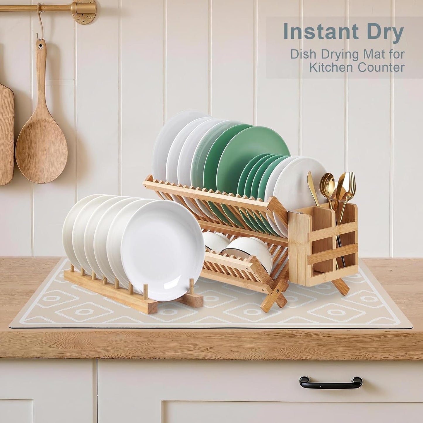 SUEH DESIGN Dish Drying Mat, Absorbent Coffee Mat 23.6 x 15.7 in Quick Dry Kitchen Drying Dish Drain Mat for Kitchen Counter Coffee Bar, Khaki